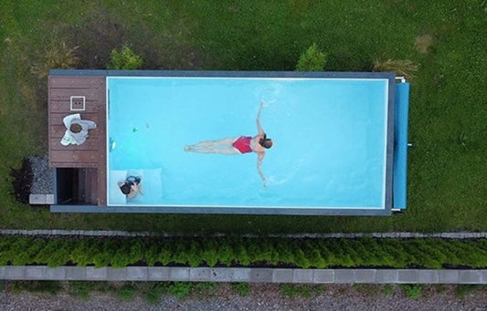 Containerpool 6,2 m x 2,5 m mit Gegenstromanlage, Sportbereich und Spa